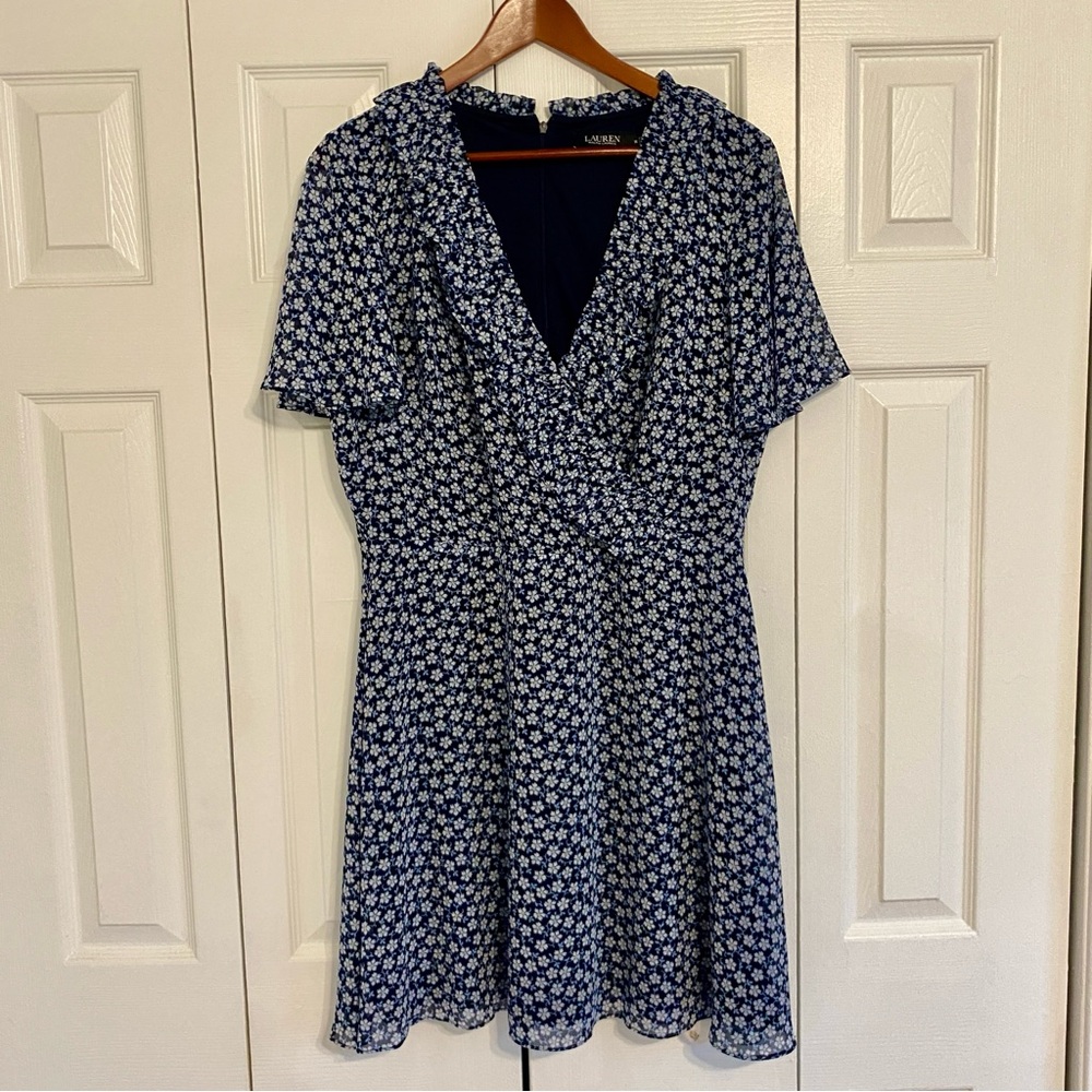 Lauren Ralph Lauren Mini Dress 14 Navy Blue Floral Cottagecore Preppy Feminine